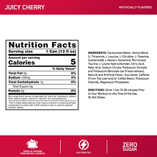 Optimum Nutrition Amino Energy Drink Plus Electrolytes For Hydration, Sugar Free, Caffeine For Pre-Workout Energy And Amino Acids / Bcaas For Post-Workout Recovery - Juicy Cherry, 12 Fl Oz (12 Pack) #TOP1