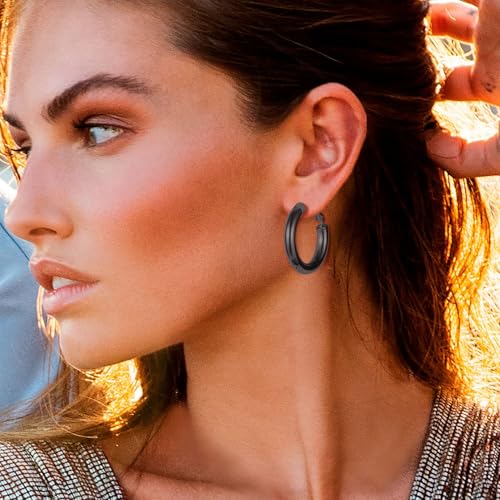 Stainless Steel Chunky Thick Hypoallergenic Earrings Small Black Hoop Earrings for Women Trendy by PROSTEEL - Used condition - Image 2