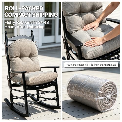 Image of QILLOWAY Tufted Outdoor Chair Cushion Set of 4, Waterproof 43x20x4 Inch Non Slip Replacement Pad for Wicker Lounge Patio Furniture, Tan, Grey