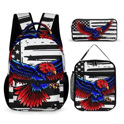 Backpack Book Bags with Lunch Box Storage Bag Backpack Set Daypack with Lunch Bag and Cosmetic Bags (American Flag USA Cool Bald Eagle Pattern (8))