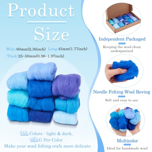 Image of Magibeasd 1.76 oz Wool Roving for Needle Felting Nature Wool Yarn Kit Variety Blue Tones for Beginners Felted Crafts DIY Materials Hand Spinning Supplies