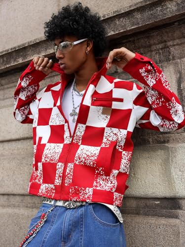 Men's Red and White Plaid Personalized Zipper Cardigan Jacket Coat Breathable Dry Urban Street Casual Trendy Jacket3