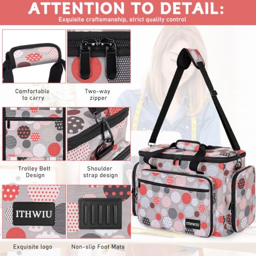 Image of Sewing Machine Carrying Case with Multiple Storage Pockets Large Capacity, Universal Tote Storage Bag Compatible with Most Standard Singer, Brother, Janome, Colorful Dots