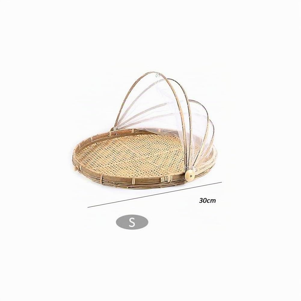 Cestino in bambù intrecciato a mano con copertura in rete, per coprire e servire il cibo, a prova di insetti, antipolvere, per pane, frutta e verdura, Bambù, Stile 3, Dia.30cm