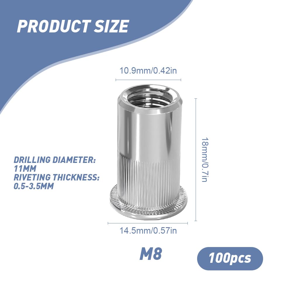mizikuu 100 Pezzi Dadi Rivetti Filettati in Acciaio Inox, Inserti Filettati M8 Rivetto Filettato Facilità di Installazione Inserti Filettati a Testa Piatta Per Pannelli In Metallo e Plastica