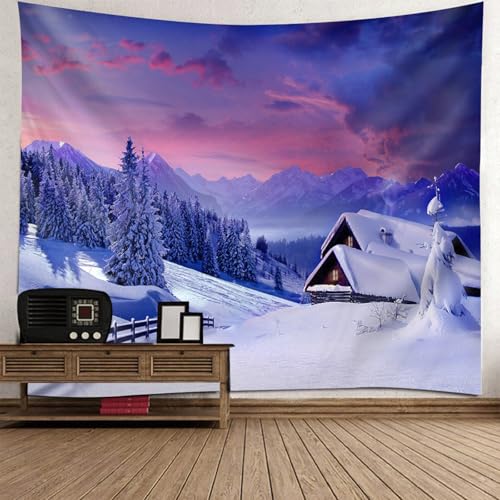 Tapiz para colgar en la pared de bosque de montaña y cabaña invernal de 130x150