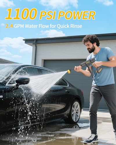 Image of Handheld Battery Operated Washer, 1100 PSI Lightweight Mini Washer for Car, Home, Patio, Driveway and Garden Cleaning (Tough Yellow)