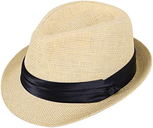 Kids Fedora Hats Boys Straw Sun Hats for Kids Straw Hat for Boys Fedora Hats for Big Kids 8-10 Fedora Hats - Kids with Black Band Accent Beige