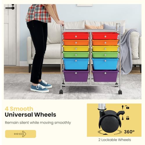 Image of LDAILY 12 Drawer Rolling Storage Cart, Craft Cart Organizer on Wheels w /Metal Frame, Large Capacity & Smooth Drawer, Rolling Cart w /Drawers for Classroom, Office