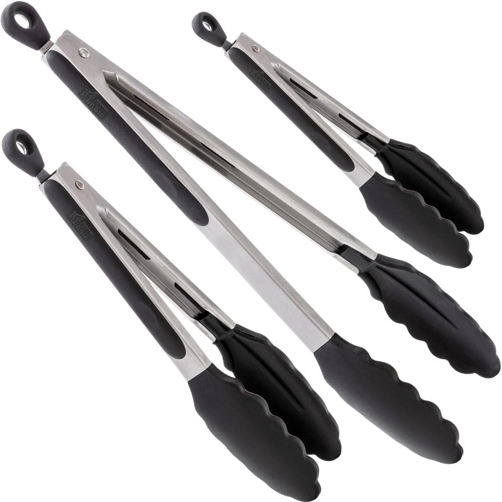 GORILLA GRIP Stainless Steel Heat Resistant Kitchen Tongs for Cooking, 7 + 9 + 12 Inch Set of 3 BBQ Tong, Non Scratch Silicone Tip for Pans, Strong Grip, Grab Food, Toss Salad, Pull Lock, Black