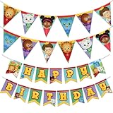 Treasures Gifted Officially Licensed Daniel Tiger Banner Set of 3 - (1) Pre-strung Happy Birthday Banner & (2) Pre-strung Triangle Pennants - Daniel Tiger Birthday Party Supplies Decorations