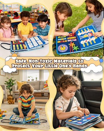 Image of Montessori Busy Board, 8-Page Sensory Activity Toy, Car | 8 sensory pages, Fine motor and dressing practice, Portable travel toy, Birthday gift for boys and girls