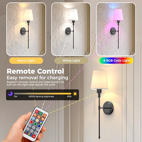 Image of L LOHAS LED Black Battery Operated Wall Sconce Set of 2, 24 Inch 15 Color Rechargeable Wireless Wall Sconces Easy to Install for Living Room