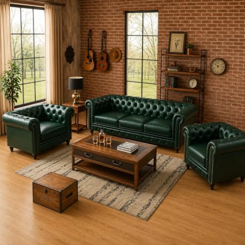 Image of Modern Classic Design Leatherette Luxury Chester Sofa Set with Button Tufted,3+2+1=6 Seater Sofa for Living Room Home, Hotle, Office and Lobby, Living Room Set (Green, 3+1+1=5 Seater Sofa)