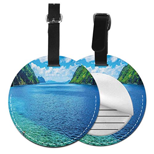 Round Travel Luggage Tags,Scenic View Sea Bay and Mountain Islands in Palawan Philippines Idyllic Image,Leather Baggage Tag