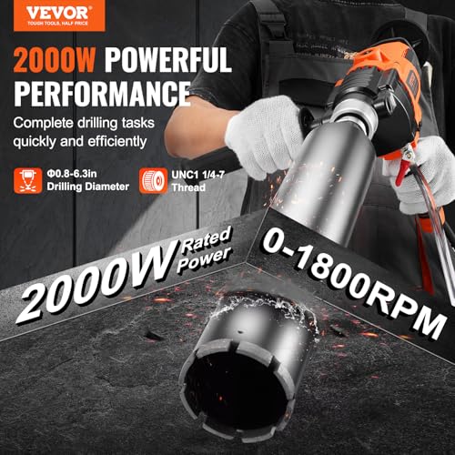 Image of VEVOR Diamond Core Drilling Machine, 0.8-6.3in Drilling Diameter Handheld Core Drill Rig with Carrying Case, 2000W Rugged Concrete Core Drill, For Concrete Brick Block Stone, 0-1800RPM Stepless Speed