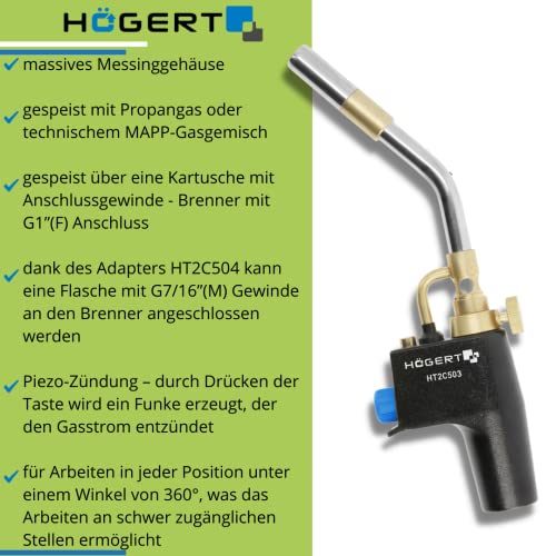 Högert Technik - Turbo propan gas torch - Professioneller Turbogasbrenner - Propangasbrenner für Sanitär-, Installations-, Dach- und Werkstattarbeiten - AUTO START/STOP-Funktion - die TURBO-Düse
