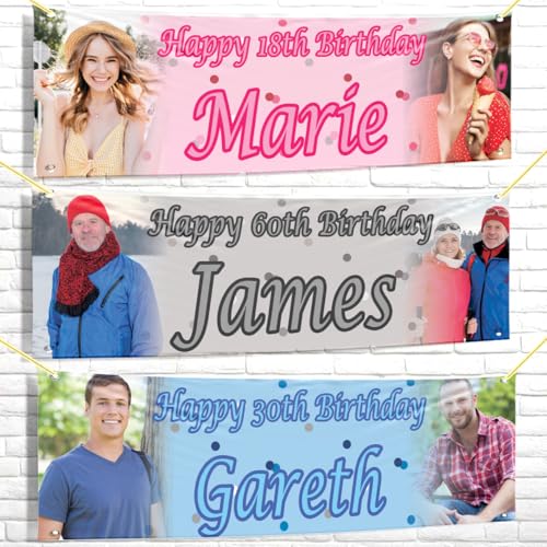 Personalised birthday banner Photo 2ftx6ft fabic Black Blue Pink party custom poster decoration celebration anniversary woman man boy girl children kids gift-18th 20th 30th 40th 50th 60th 70th name