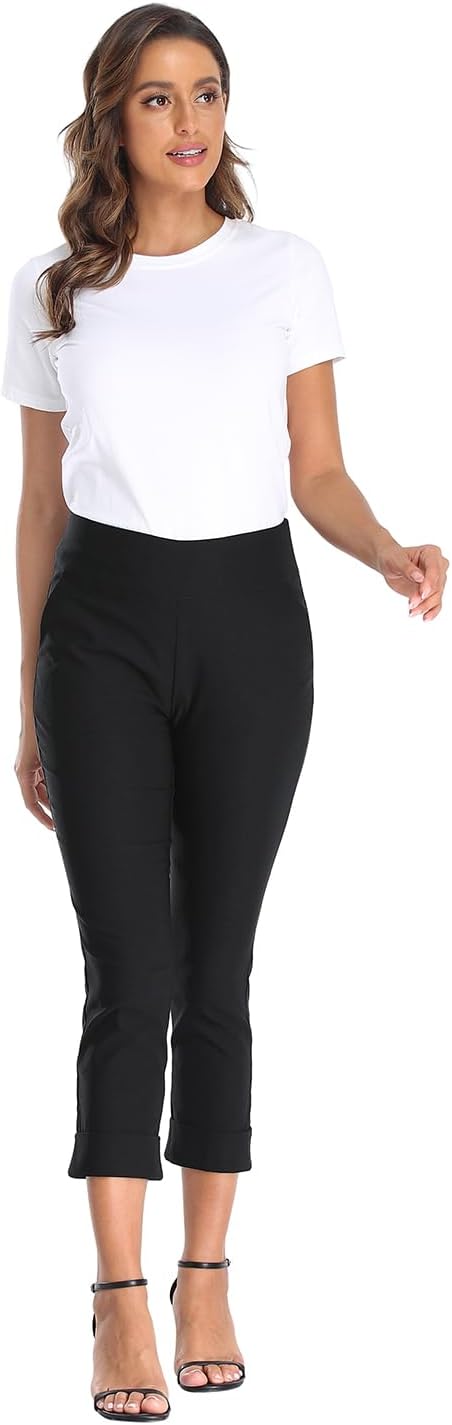 Pull On Capri Pants for Women Elastic Waist Work Casual Dress Cropped Pants with Pockets & Cuff - Image 4