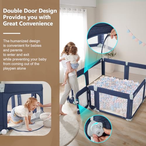 Image of Large Baby Playpen for Babies and Toddlers 79x71 Inch, Adjustable Foldable Indoor & Outdoor Play Pen for Toddlers Twins Baby Fence Play Yards with Breathable Mesh Anti-Fall Playpen,Blue