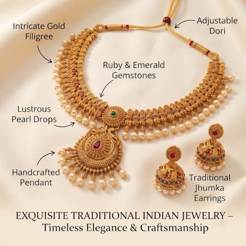 Image of Gold-Plated Antique Temple Jewellery Set for Women - Traditional Necklace with Large Peacock Pendant & Matching Jhumka Earrings | Ethnic Festive & Bridal Wear Set with Ruby & Emerald Accents