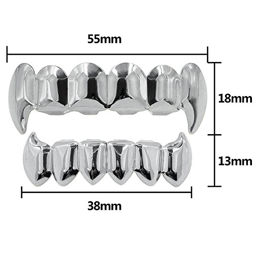 JINAO Vampire Teeth Fang Grillz 18K Gold Silver Plated Hip Hop Fangs Top Bottom Teeth Grills for Your Teeth Set for Men and Women2