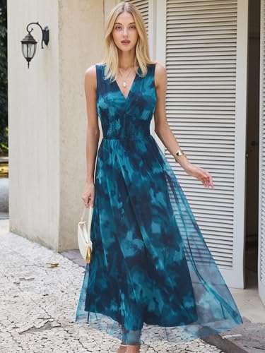 Image of ANRABESS Women's Floral Tulle Wedding Guest Maxi Dress | V Neck Sleeveless,A-Line Elastic Waist,Casual Flowy Formal Boho,Bridal Shower Garden Party Beach Vacation,Summer Fall