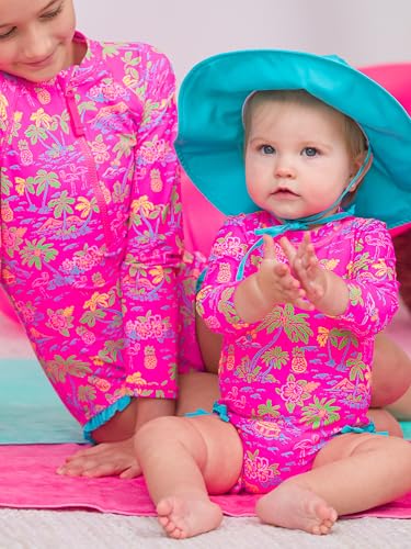 Image of RuffleButts Baby Girls UPF 50+ Sun Protection Floral Printed Long Sleeve One Piece Rash Guard Swimsuit with Zipper
