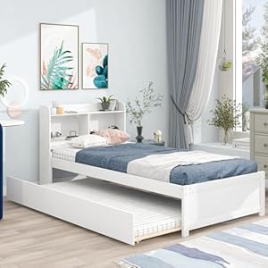 Twin Size Bed with Trundle,Twin Bed Frame with Storage Headboard, Twin Size Trundle Bed with Bookcase for Kids,Bookcase Bed Twin Size, Trundle Bed with Storage for Kids,Teens,Adults(White) Twin Size Bed with TrundleTwin Bed Frame with Storage Headboard Twin Size Trundle Bed with Bookcase for KidsBookcase Bed Twin Size Trundle Bed with Storage for KidsTeensAdultsWhite