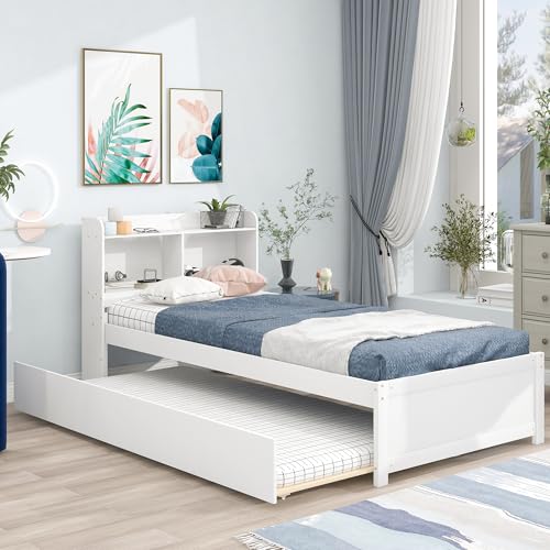 Twin Size Bed with TrundleTwin Bed Frame with Storage Headboard Twin Size Trundle Bed with Bookcase for KidsBookcase Bed Twin Size Trundle Bed with Storage for KidsTeensAdultsWhite