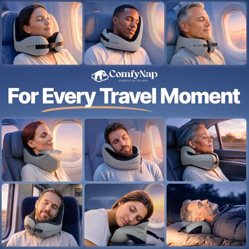 Image of ComfyNap Versatile Travel Neck Pillow for Airplane [Patented], 9 Positions in 3 Techniques, Plane Pillow with Pure Memory Foam, Travel Pillow with HeadRest Flight Sleep, Travel Essential - Moon