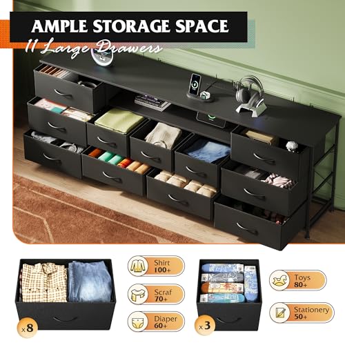 Image of WLIVE 75.5 inch TV Stand for 65, 75, 80, 85 Inch TV, Dresser for Bedroom with Power Outlets & LED Lights, 11 Drawer Fabric Dresser with Open Shelves, Entertainment Center with Storage, Black