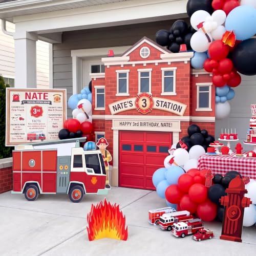 Image of 3 Pcs Firetruck Birthday Party Decorations Set, Fire Truck Fire Hydrant 3D Flame Cardboard Cutouts with Sturdy Bases for Firefighter Rescue Themed Party Baby Shower Backdrop