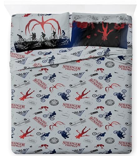 Jay Franco Sheet Set with Fitted, Flat Sheets & Pillow Cover - Ultra-Soft Bedding with Pillowcase for Room Decor, Grey - Stranger Things, 4 Piece Full