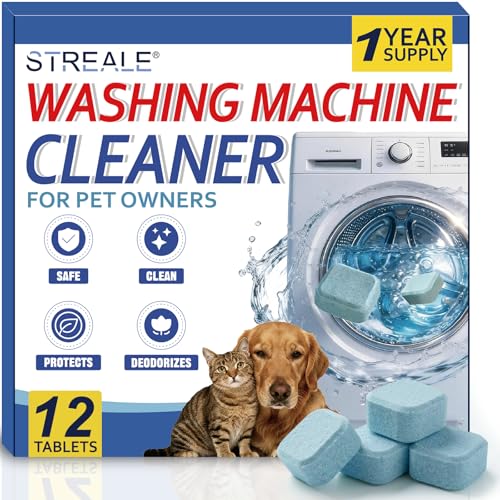 STREALE Washing Machine Cleaner Tablets for Pet Owners -12Pack, Deep Clean Descaler,Tackles Cat &Dog Hair,Freshens Odors &Laundry Detergent Residue,Septic Safe,HE Top &Front Load Washer -6Month Supply