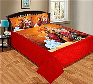 AKI Traders Double Bedsheet for Double Bed Digital Printed Queen Size Double Flatsheet for Bedroom, Hotel Queen Size Velvet Soft Bed Sheet with Two Pillow Covers - 94 x 104 Inches, Red Kathputli