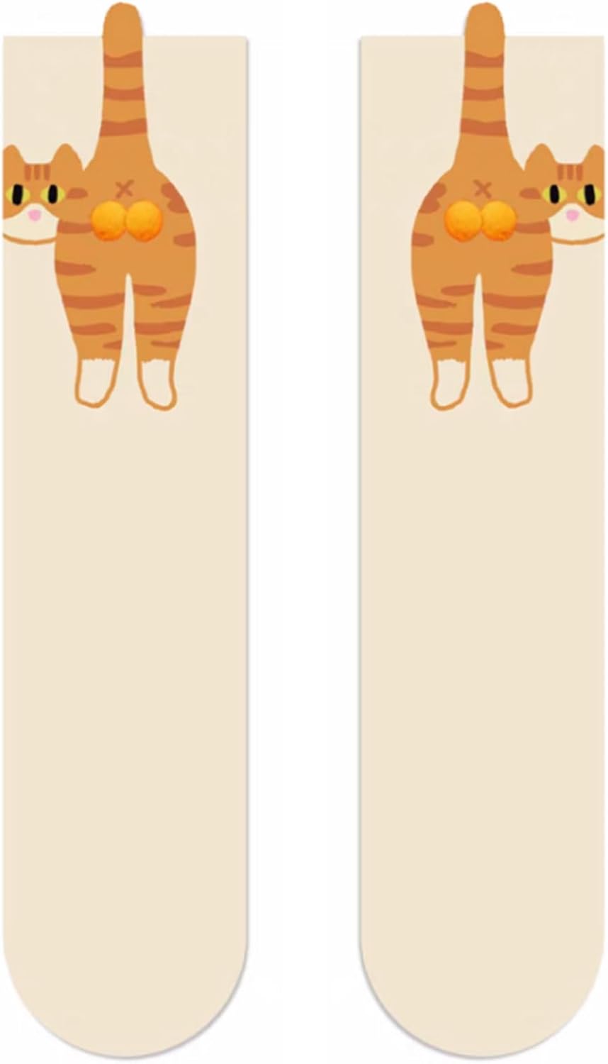 Cute Cat Socks with Fuzzy Balls, Cute Cotton Novelty Funny Animal Fun Crew Socks Gifts for Cat Lovers