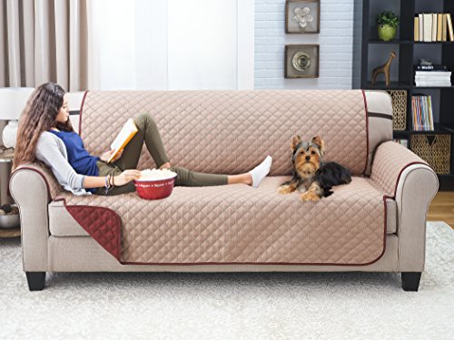 Elaine Karen Premium Reversible Sofa Couch Slipcover Furniture Protector, Quilted, Anti-Slip 2 Inch Strap, Machine Washable, Slip Cover Throw for Pets, Dogs, Cats, Kids,- Burgundy
