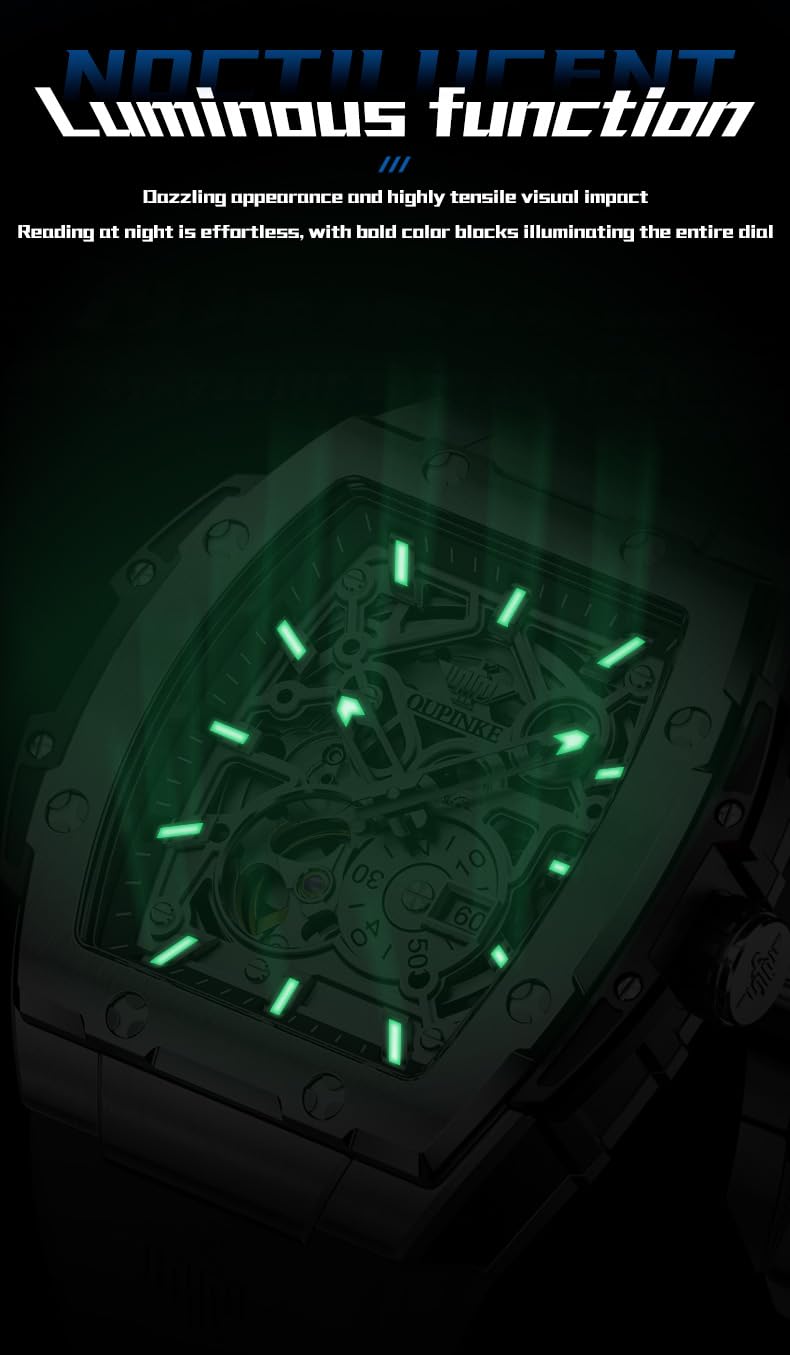 OUPINKE Watch Men Self Winding Luxury Skeleton Mechanical Business Dress Square Wrist Watches Calendar Black Watches