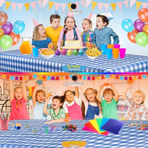 Image of Grandipity Plastic Table Cloth Disposable 12 Pack 54 inch x 108 inch Rectangle | Blue Gingham Plastic table covers, durable disposable tablecloths, fade and tear-resistent table cover for party, event