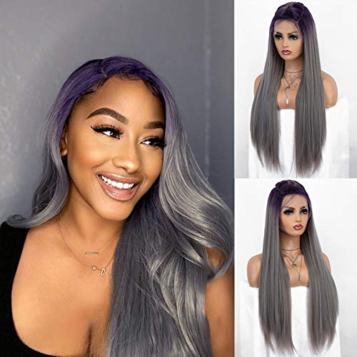K'ryssma Fashion Ombre Grey Lace Front Wigs with Purple Roots Long Straight Ombre Synthetic Wig with Specially Designed Y Parting 24 inches