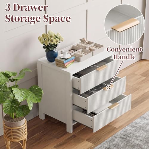 Image of Fluted Nightstands Set of 2, 23.7'' Wide Night Stand with 3 Drawers, Mid-Century Modern Bedside Table with Handles, Wood End Table for Bedroom, White