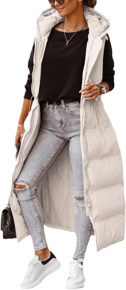 Shanfetl Women's Long Quilted Vest Hooded Maxi Length Sleeveless Puffer Vest Padded Coat Winter Outerwear - Image 2