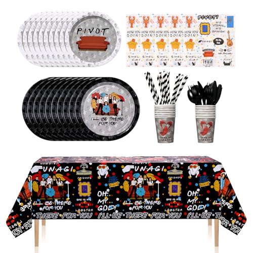 161CT iFriends Party Supplies Disposable iFriends Dinner Plates Cups Straw Napkins Spoon Fork knives Tablecloth, iFriends Birthday Party Decorations and Party Tableware Serves 20 Guests, Black