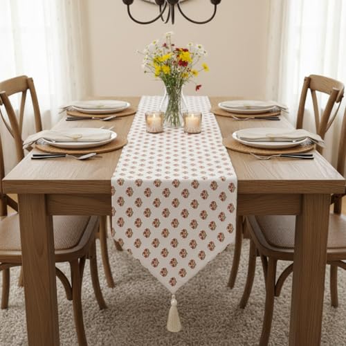 Image of COZY FURNISH Elegant Floral Microfiber Cotton Runner & Dining Table Runner - Tassel Design for 6 Seater Table | Stylish Home Decor Linen