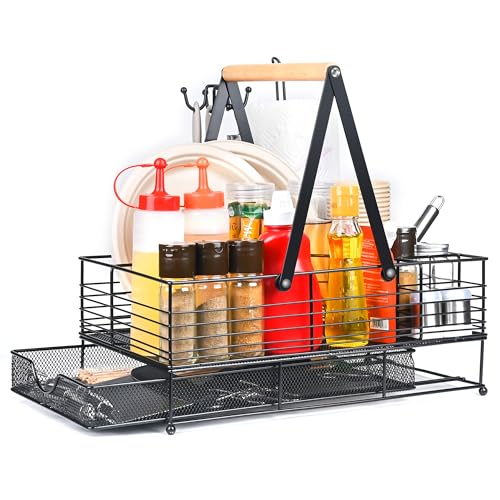 Rixordd BBQ Grill Tool Organizer Set with Paper Towel Holder & Pull-Out Drawer – Heavy Duty Barbecue Accessory Kit with Hooks, Compartments & Handle for Outdoor Cooking, Camping & RV
