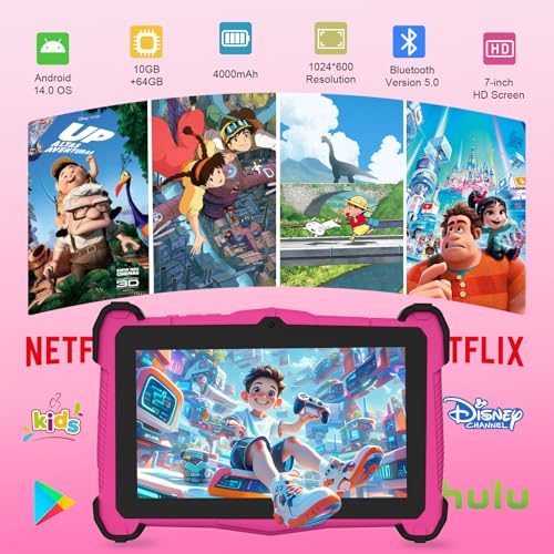 Image of 7 Inch Kids Tablet with Shockproof Case, Android 14 Educational Learning for Toddlers 3-10, 10GB RAM + 64GB ROM, Dual Camera, WiFi, Bluetooth, Parental Controls