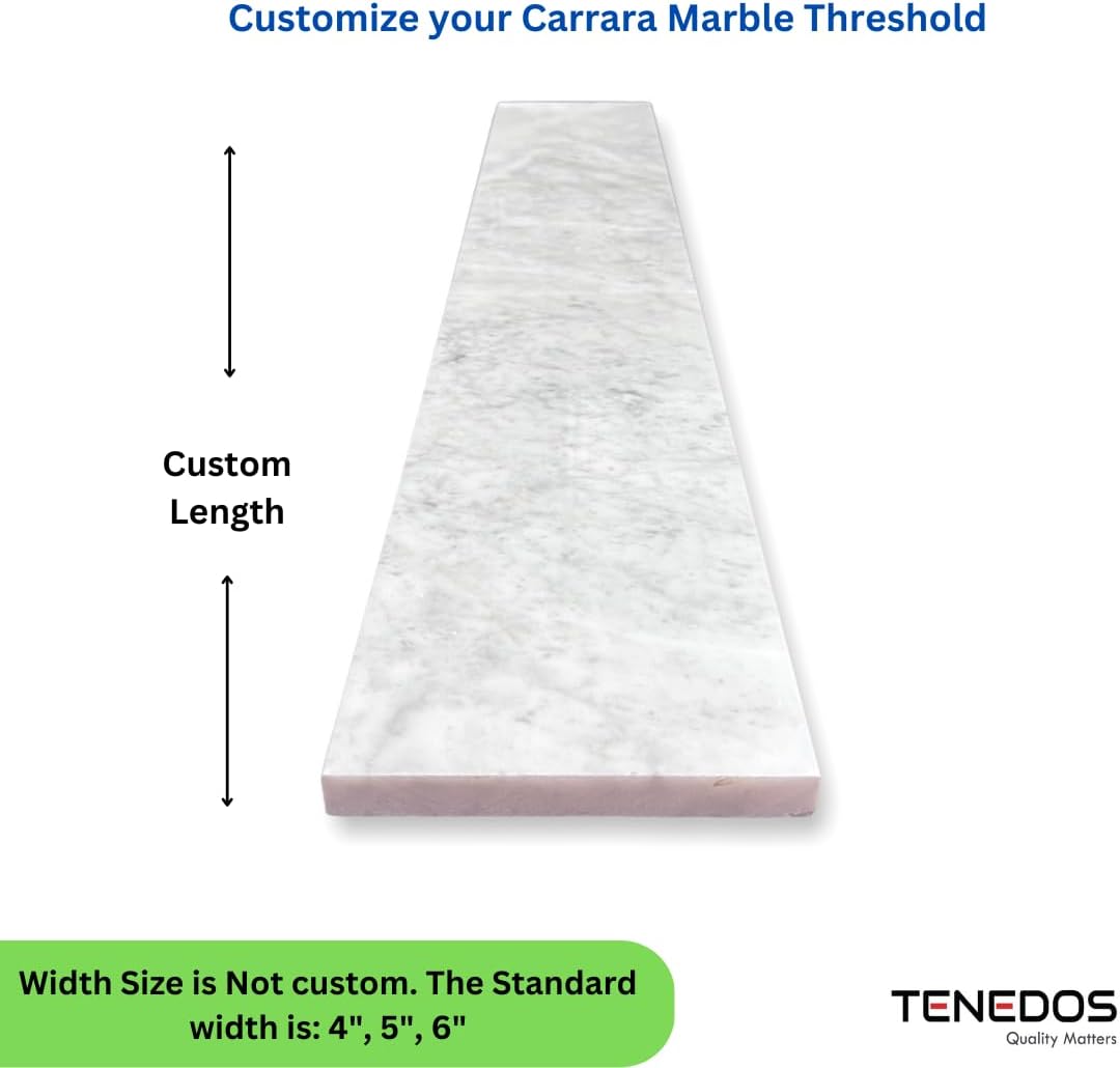 Tenedos Carrara Marble Threshold Tile (Marble Saddle) Honed Finish for Shower Curb, Doorway Floor Transition, Bathroom Vanity Backsplash, Window Sill, Custom Length and Width (Thickness: 0.75 inches)