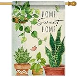 Artofy Home Sweet Home Potted Plant Large Decorative House Flag, Nature Botanical Succulent Bonsai Yard Garden Outside Decor, Tropical Greenery Butterfly Outdoor Home Decoration Double Sided 28 x 40