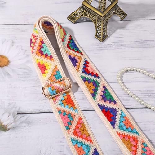 Image of Wide Purse straps Crochet Flower replacement crossbody for Handbag Adjustable Embroidery Knit Guitar Shoulder strap